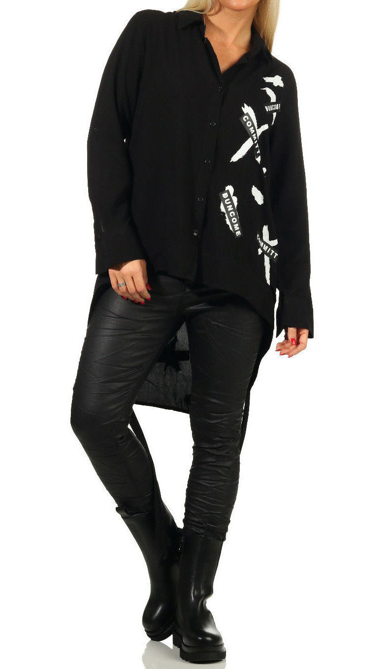 Lange Damen Oversize Bluse mit Vokuhila, Biker-Print, langärmlig, locker geschnitten, in S M L, modischer Streetwear-Look