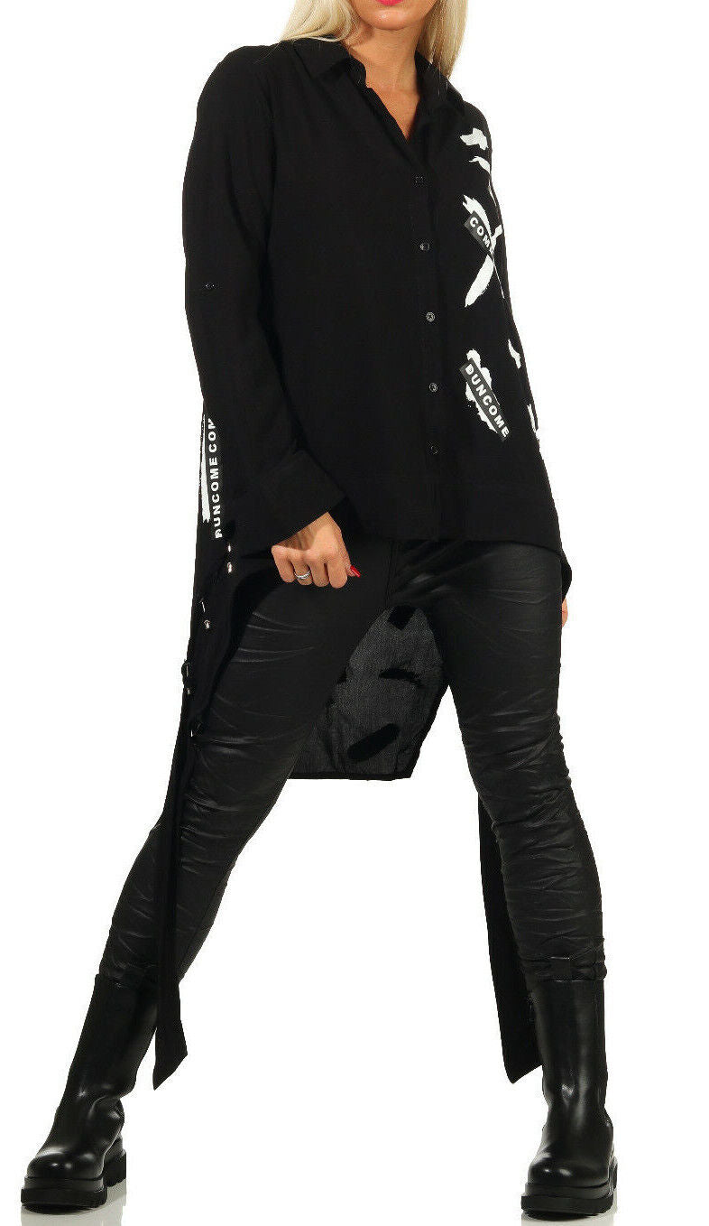 Lange Damen Bluse oversize mit Biker-Print, Vokuhila, langärmelig, locker sitzend, in S M L, modischer Streetwear-Stil