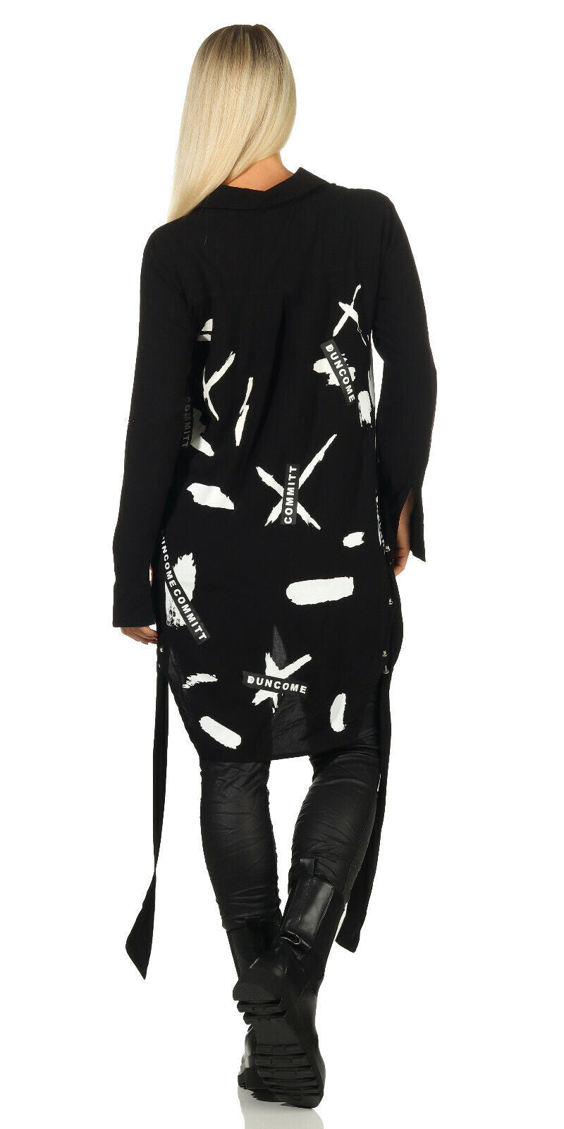 Lange Damen Bluse mit Oversize-Schnitt, Biker-Print, Vokuhila-Design, langarm, in S, M oder L, aus bequemem Stoff