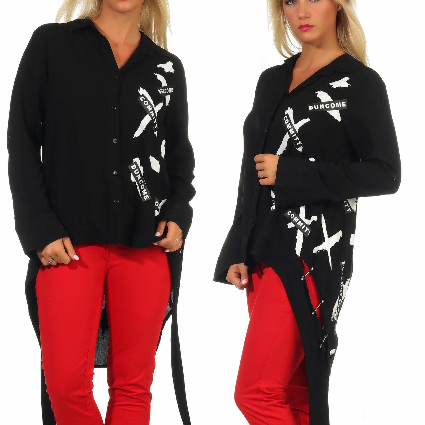 Lange Damen Bluse mit Oversized-Design, Vokuhila-Schnitt, Biker-Print, langärmlig, in S/M/L, modisches Streetwear-Style