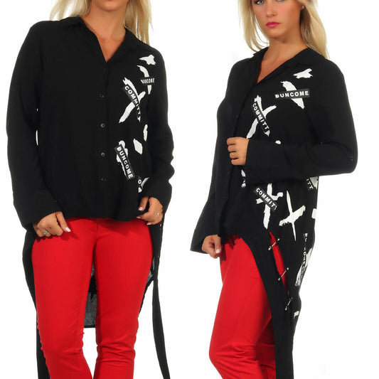 Lange Damen Bluse mit Oversized-Design, Vokuhila-Schnitt, Biker-Print, langärmlig, in S/M/L, modisches Streetwear-Style