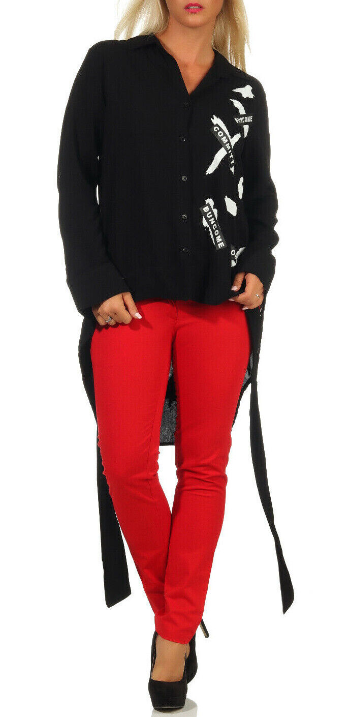 Lange Damenbluse im Oversize-Design mit Vokuhila, Biker-Print, langarm, locker sitzend, in S M L, von clothes-stores