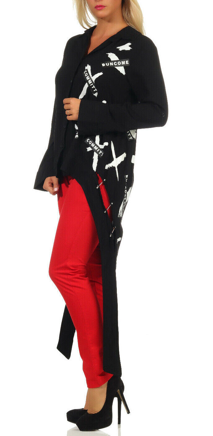 Lange Damen Bluse mit Oversize-Schnitt, Vokuhila, Biker-Print, langärmlig, in S, M, L, mit Piercing-Design.