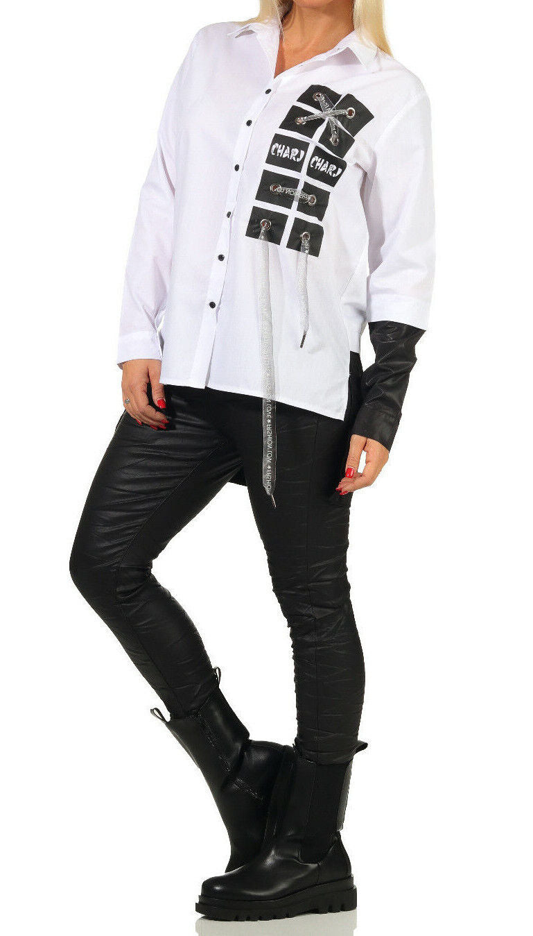 Schwarz-weiße Damen Oversize-Hembluse mit Print, lang, locker geschnitten, in den Größen S bis XL, von Clothes-Stores.