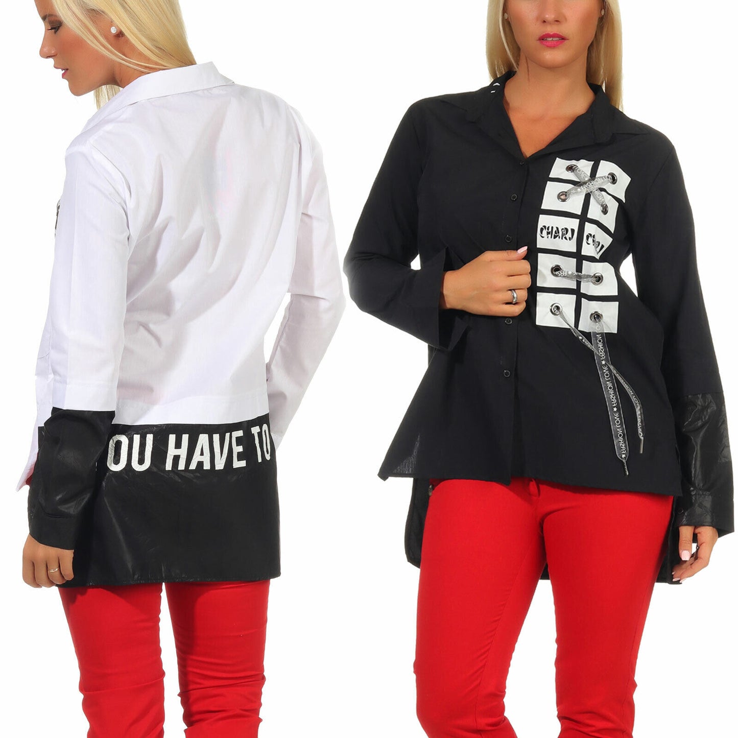 Damen Over-Size Hemdbluse mit Print in Schwarz-Weiß, langärmlig, lockere Longbluse, Größe S bis XL, von clothes-stores