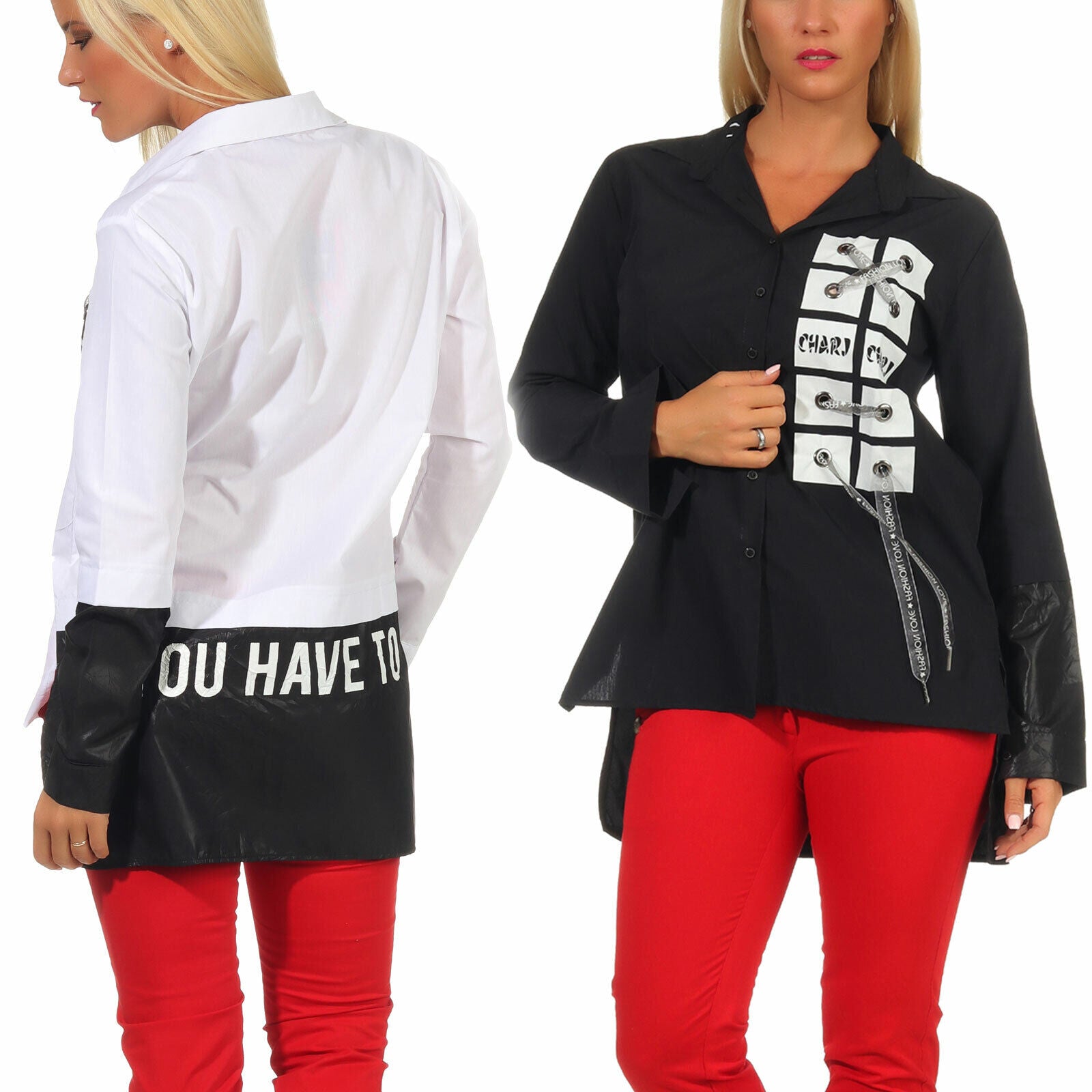 Damen Over-Size Hemdbluse mit Print in Schwarz-Weiß, langärmlig, lockere Longbluse, Größe S bis XL, von clothes-stores