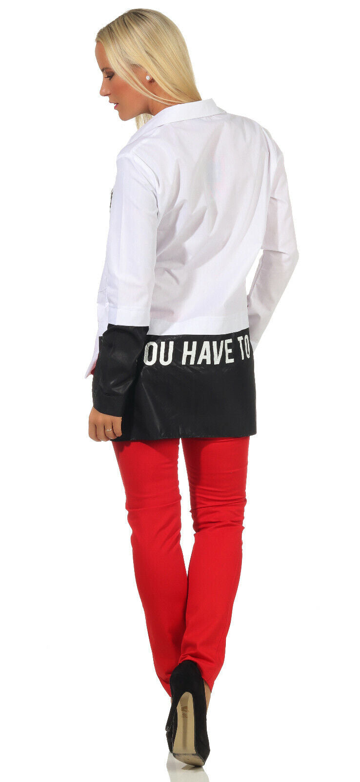 Schwarze und weiße Damen Oversize-Hembluse mit Druck, lange Bluse in S, M, L, XL, aus weichem Stoff.