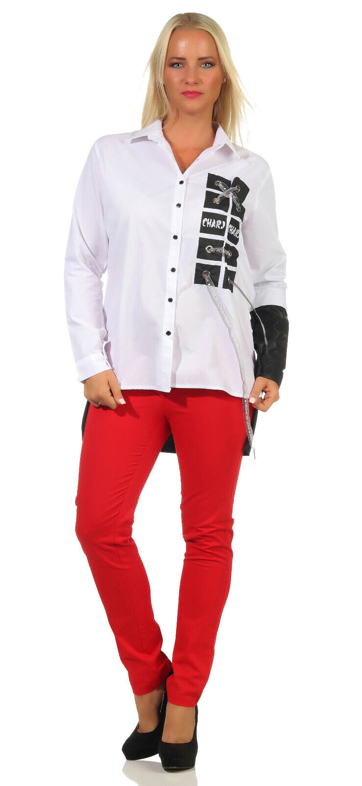 Weiß-schwarze Damen Oversize-Hemdbluse mit Print, lange Bluse aus weich fallendem Stoff in S bis XL.