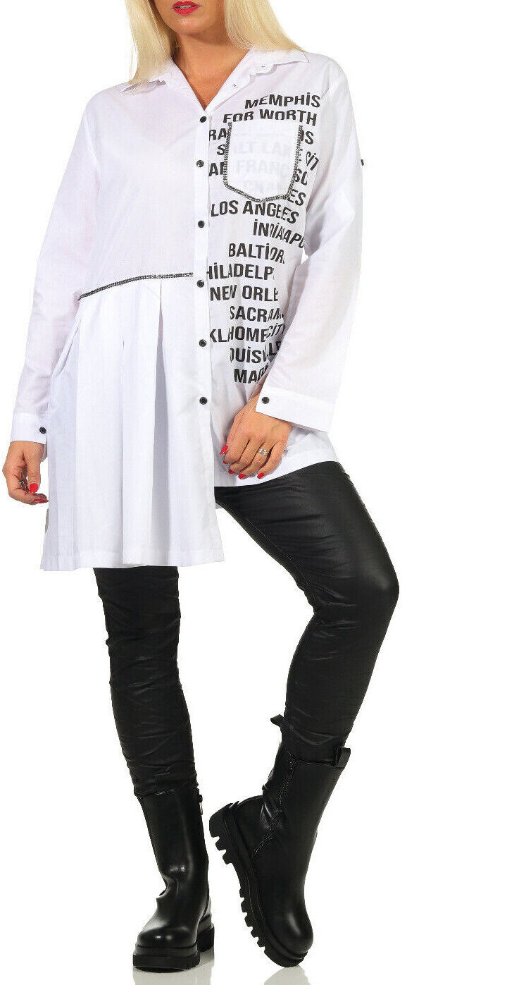 Weiße Damen Bluse im Bikerlook mit Print, langärmlig und Vokuhila, Tunika-Design, in S bis XL, von Clothes-Stores