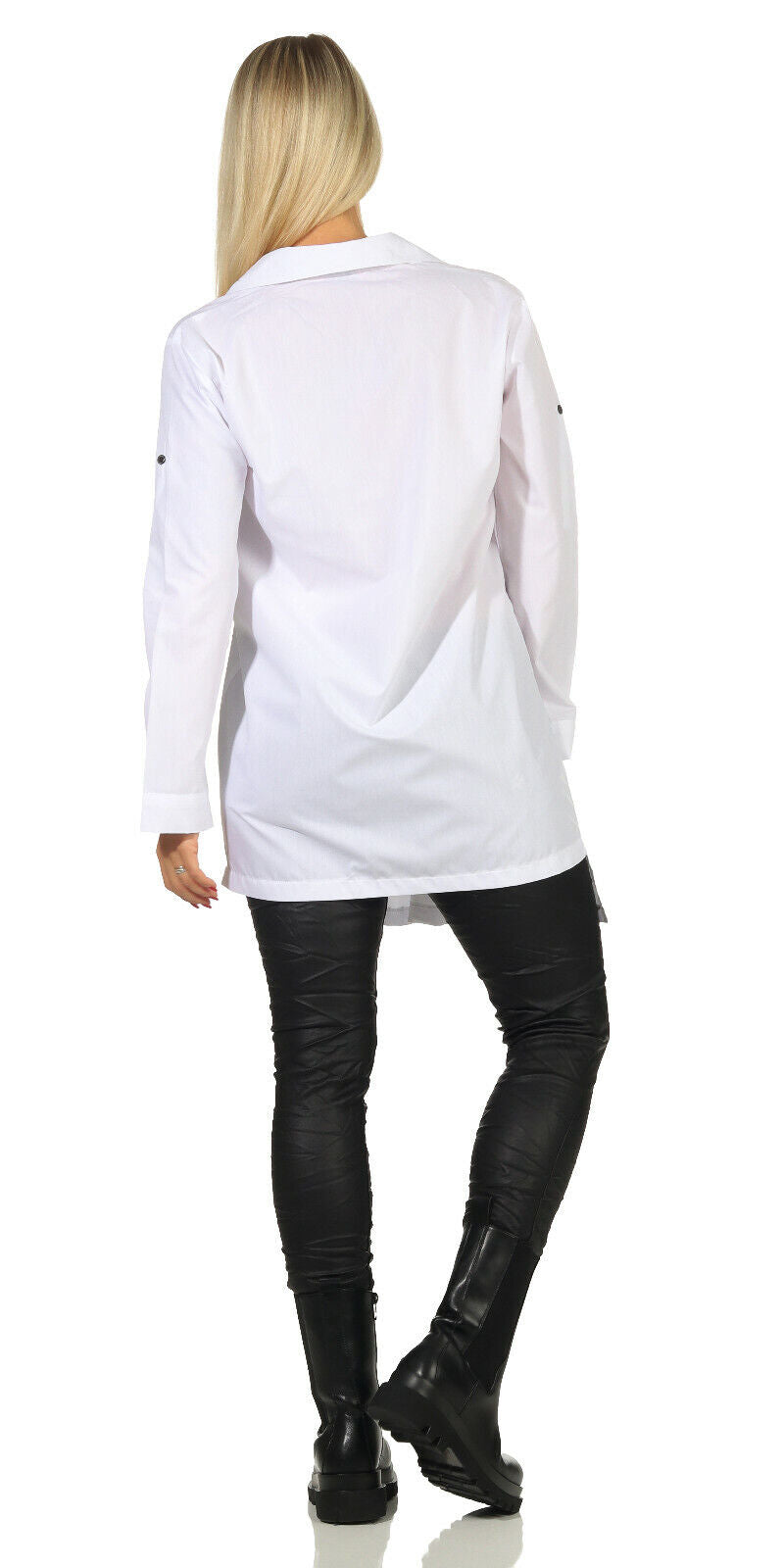 Weißes Damen Hemdbluse mit Vokuhila, Longbluse im Bikerlook mit Print, in Größe S bis XL, modische Tunika von clothes-stores