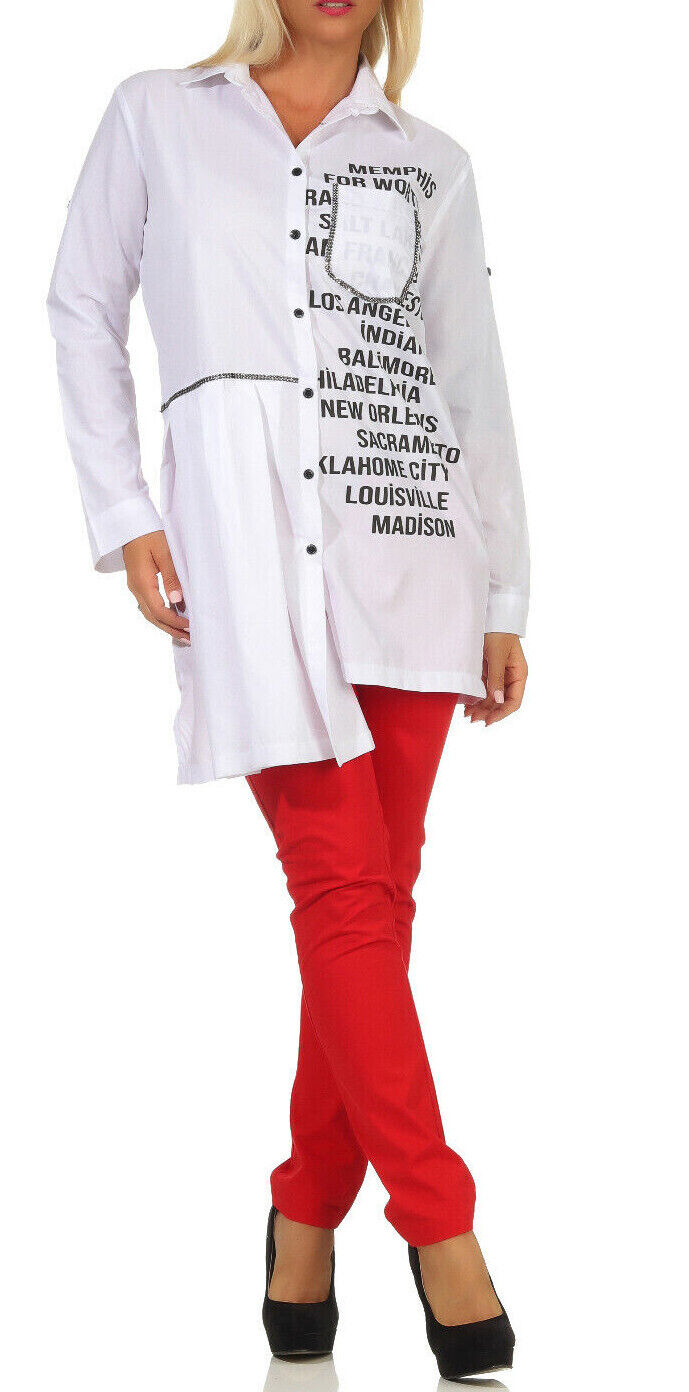Weiße Damen Bluse mit Vokuhila, Longbluse, Tunika im Bikerlook, mit Print, in den Größen S bis XL, von clothes-stores