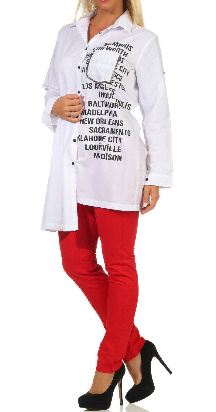 Weiße Damen Bluse im Bikerlook mit Print, Vokuhila Longbluse, Hemdbluse, Tunika, in S bis XL, von clothes-stores