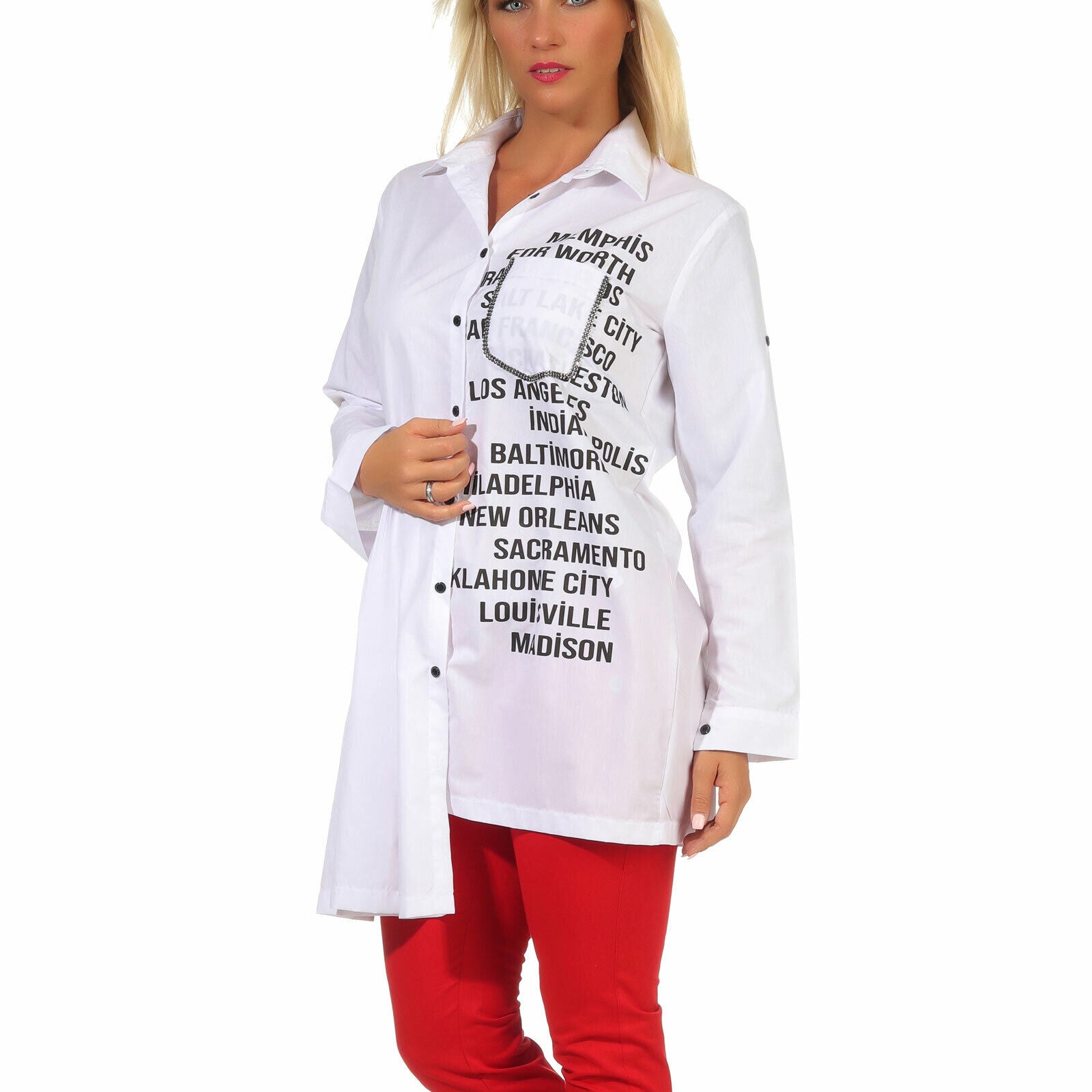 Weißes Damen Hemdbluse Vokuhila Longbluse Tunika mit Print im Bikerlook, in den Größen S bis XL, von clothes-stores.