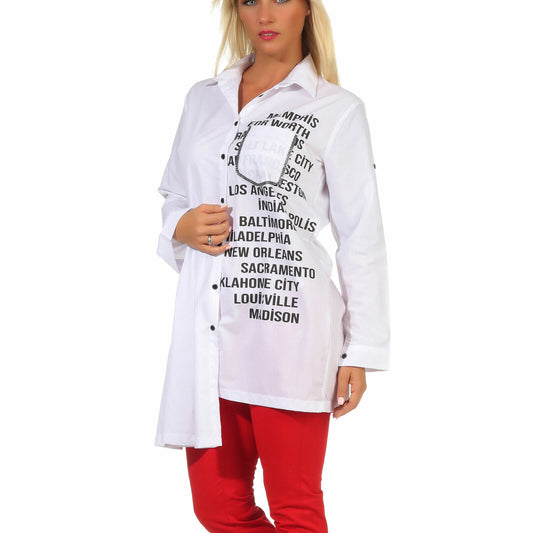 Weißes Damen Hemdbluse Vokuhila Longbluse Tunika mit Print im Bikerlook, in den Größen S bis XL, von clothes-stores.