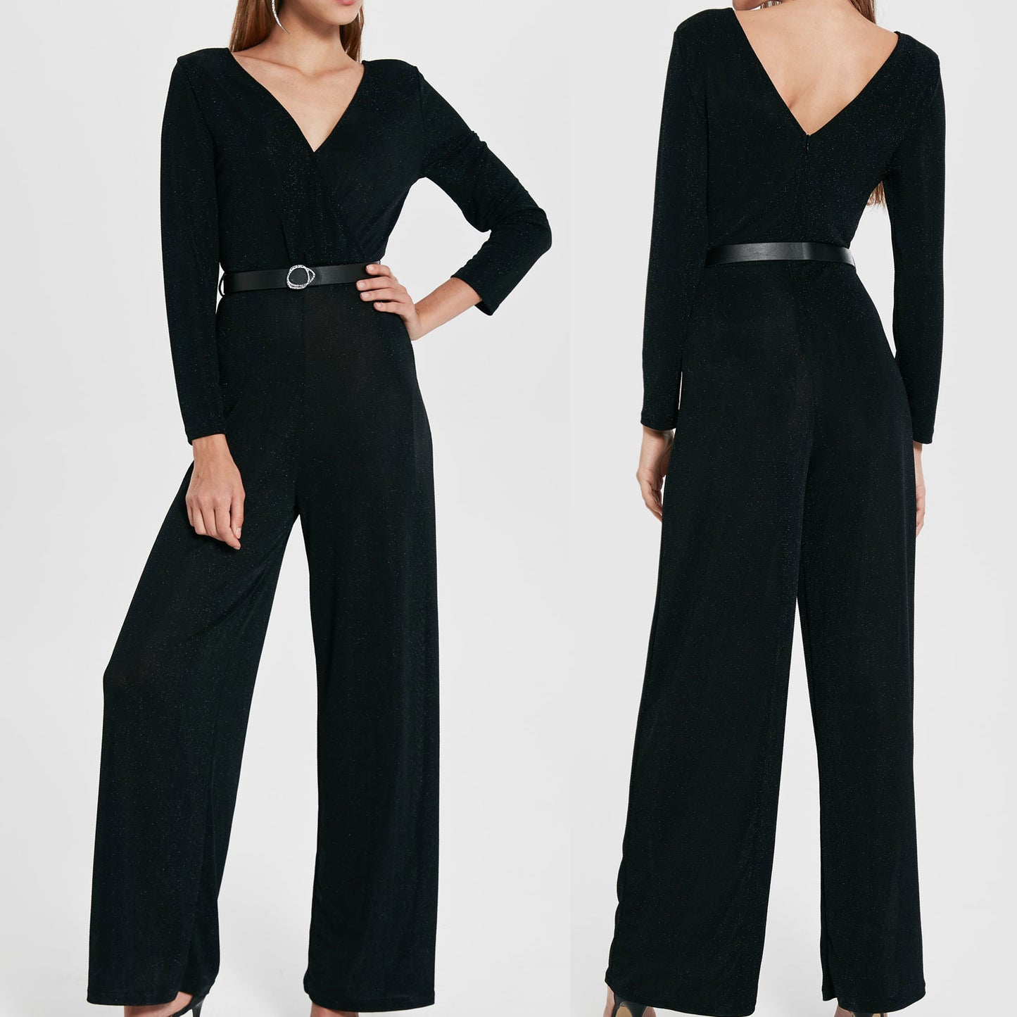 Eleganter Damen Overall Jumpsuit mit hohem Bund, Glitzer, transparenten Details und elastischer Passform in S-L.
