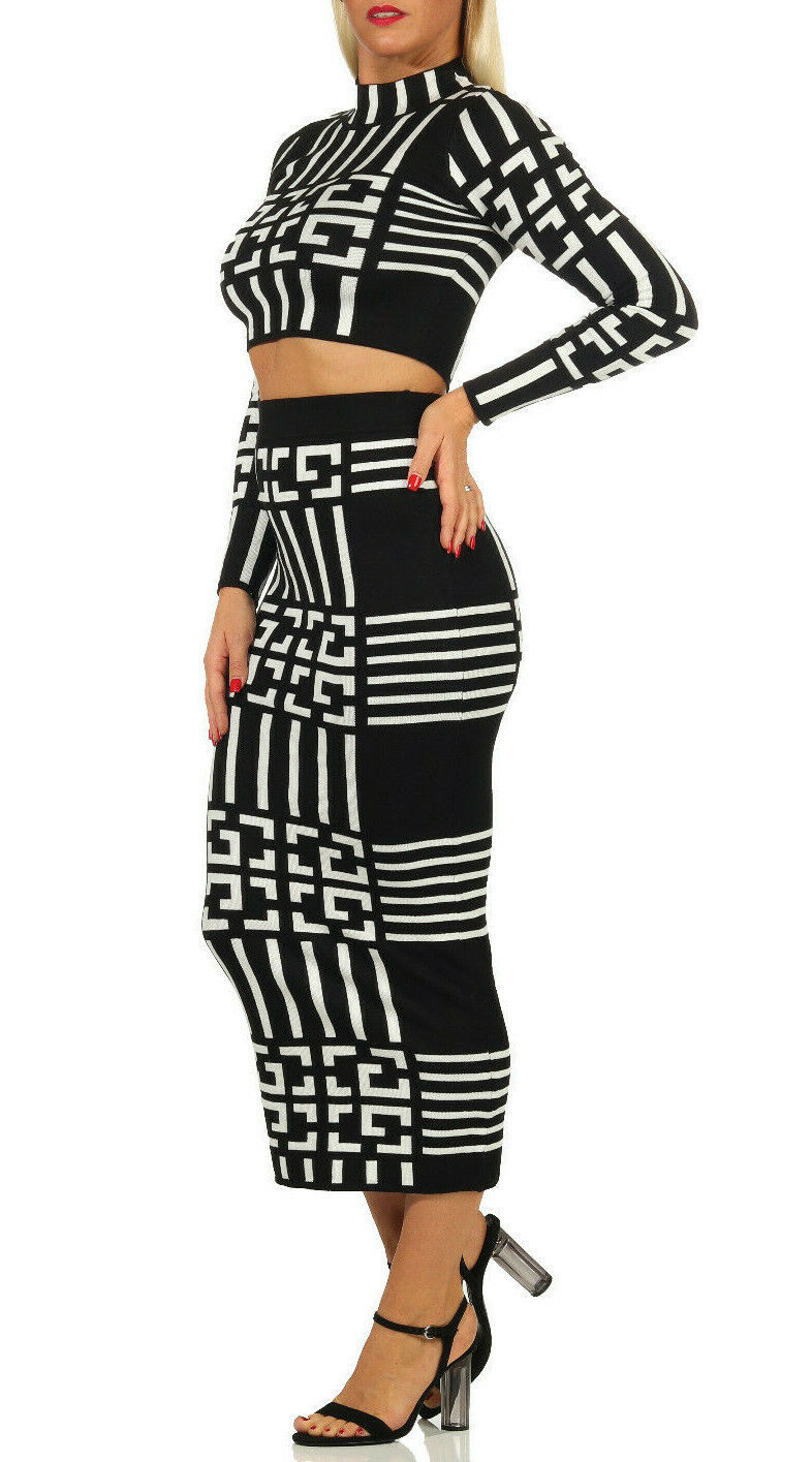 Damen 2-Teiler Strickpullover bauchfrei und High-Waist Midirock Strickkleid, bequemes, modisches Set in gedeckten Farben
