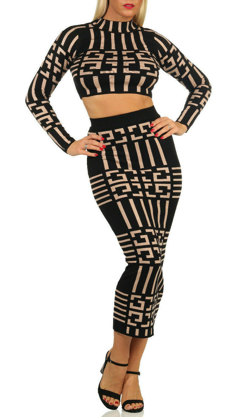 Damen 2-Teiler Strickpullover bauchfrei und High-Waist Midirock Strickkleid, beiges Set, modisch und bequem, von clothes-stores