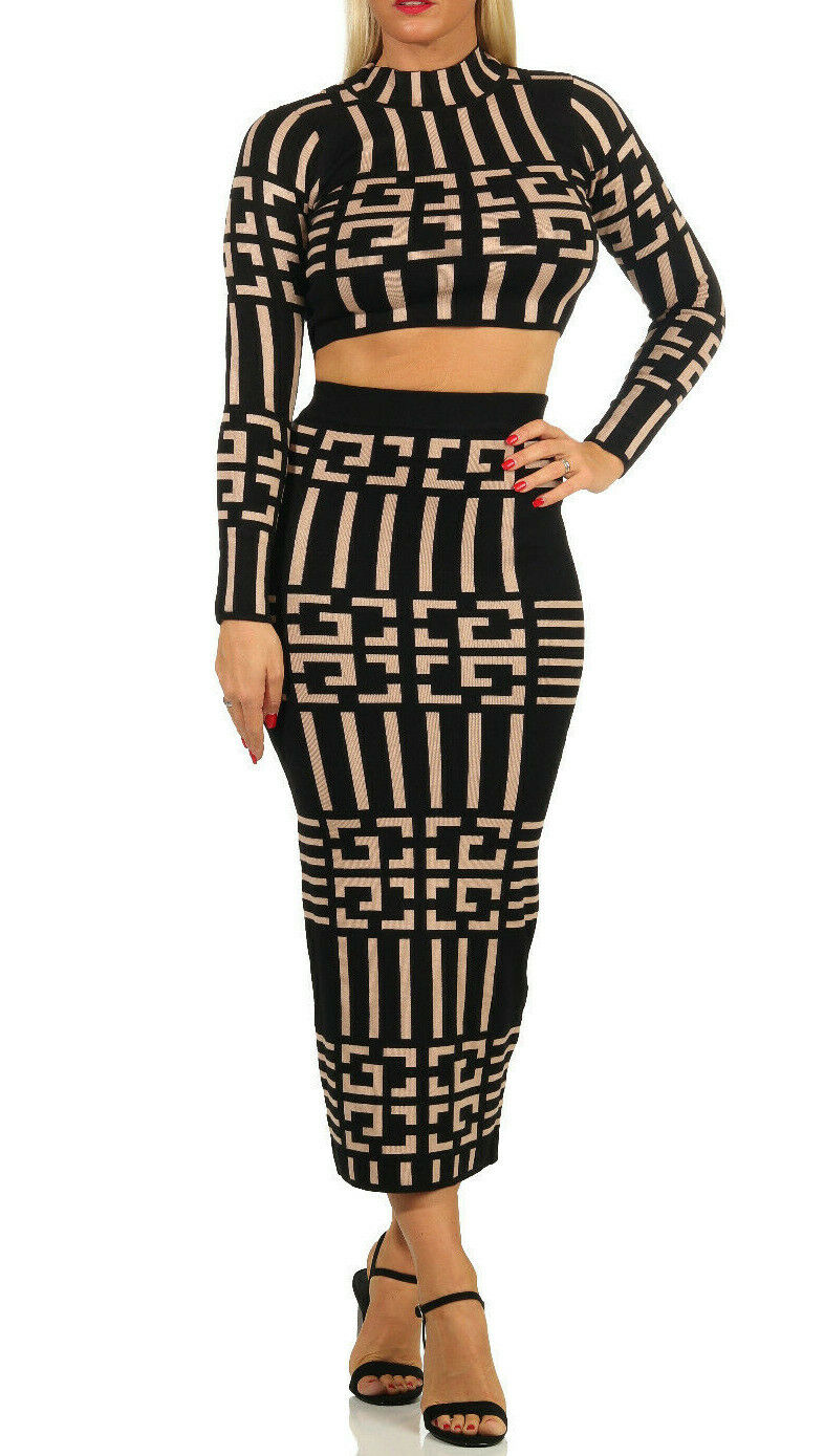 Damen 2-Teiler Strickpullover bauchfrei und High-Waist Midirock Strickkleid, beides in angenehmer Wolloptik, von clothes-stores