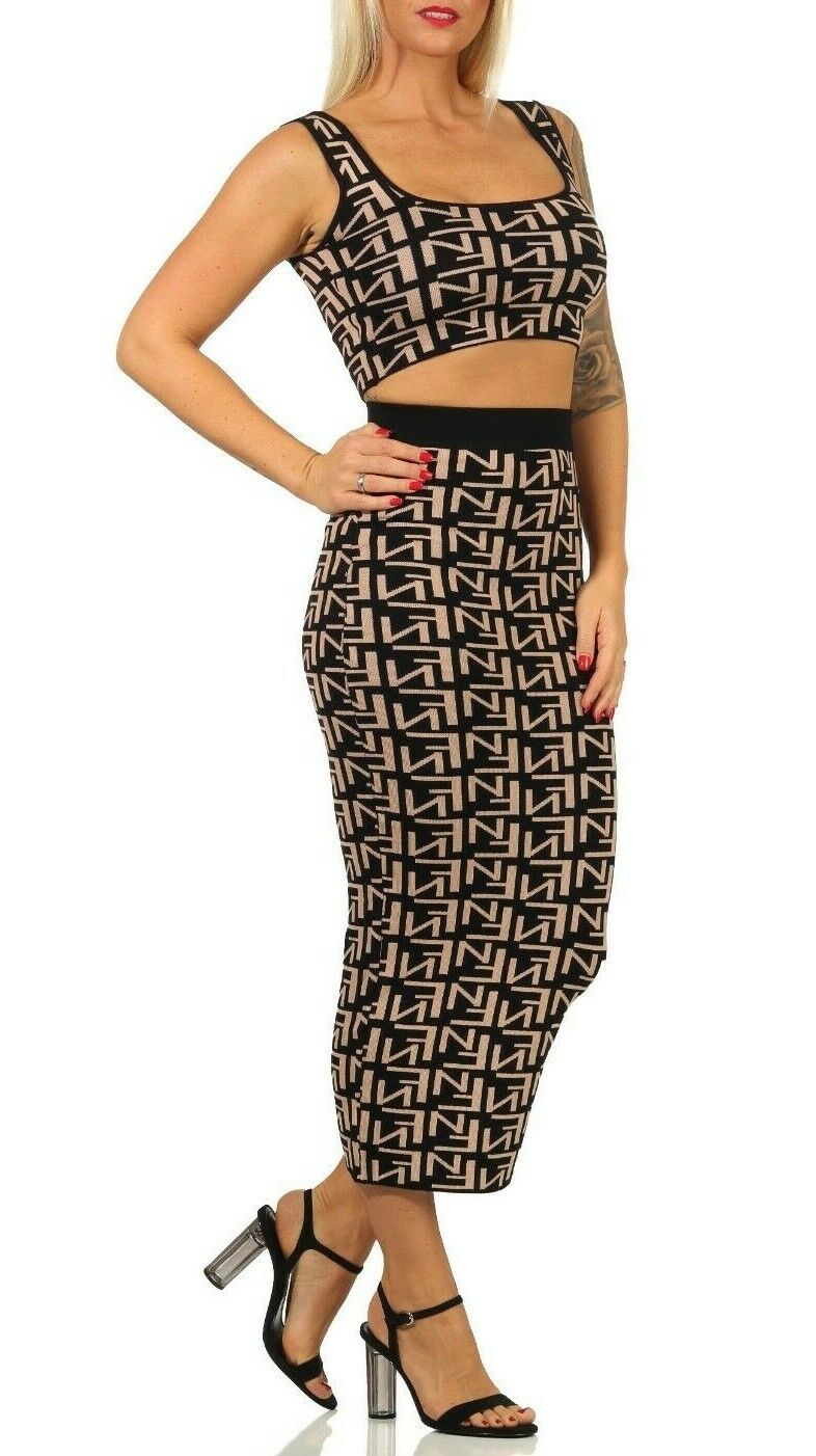 Damen 2-Teiler Strick-Top und Midirock Set, bauchfrei, high-waist, in warmem Strickmaterial, modisches Outfit von clothes-stores