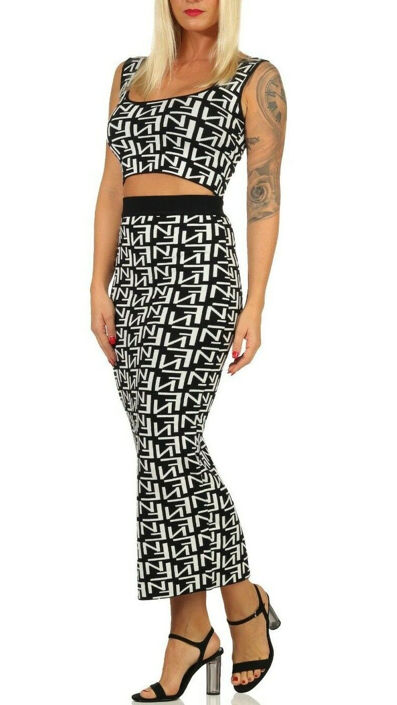 Damen 2-teiliger Strick-Top und Midirock Set, bauchfrei, high-waist, in gedeckten Farben, von clothes-stores.