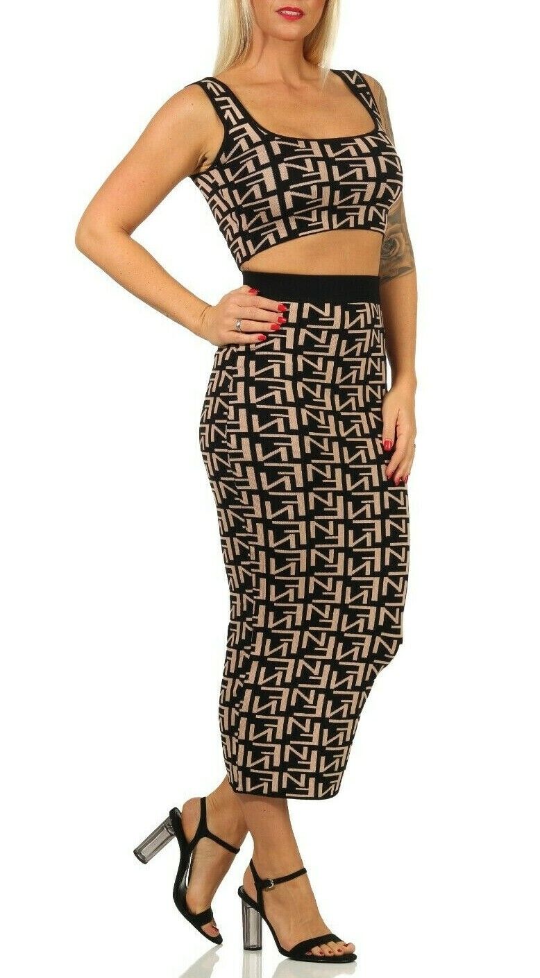 Damen 2-teiliges Strick-Set mit bauchfreiem Top und High-Waist Midirock aus gestricktem Material, von clothes-stores