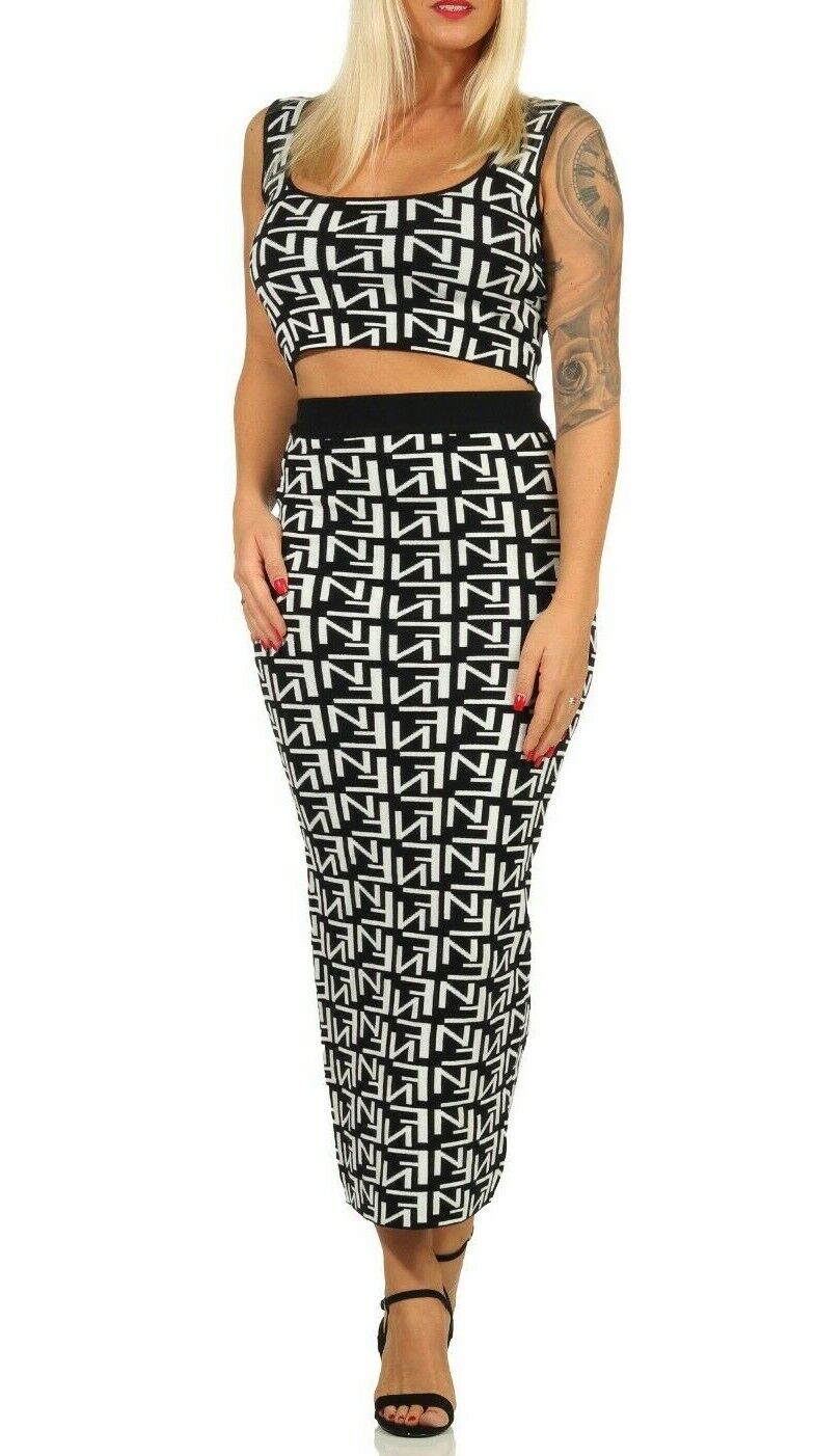 Damen 2-teiliger Strick-Set mit bauchfreiem Top und High-Waist Midirock, graues Strickkleid von clothes-stores