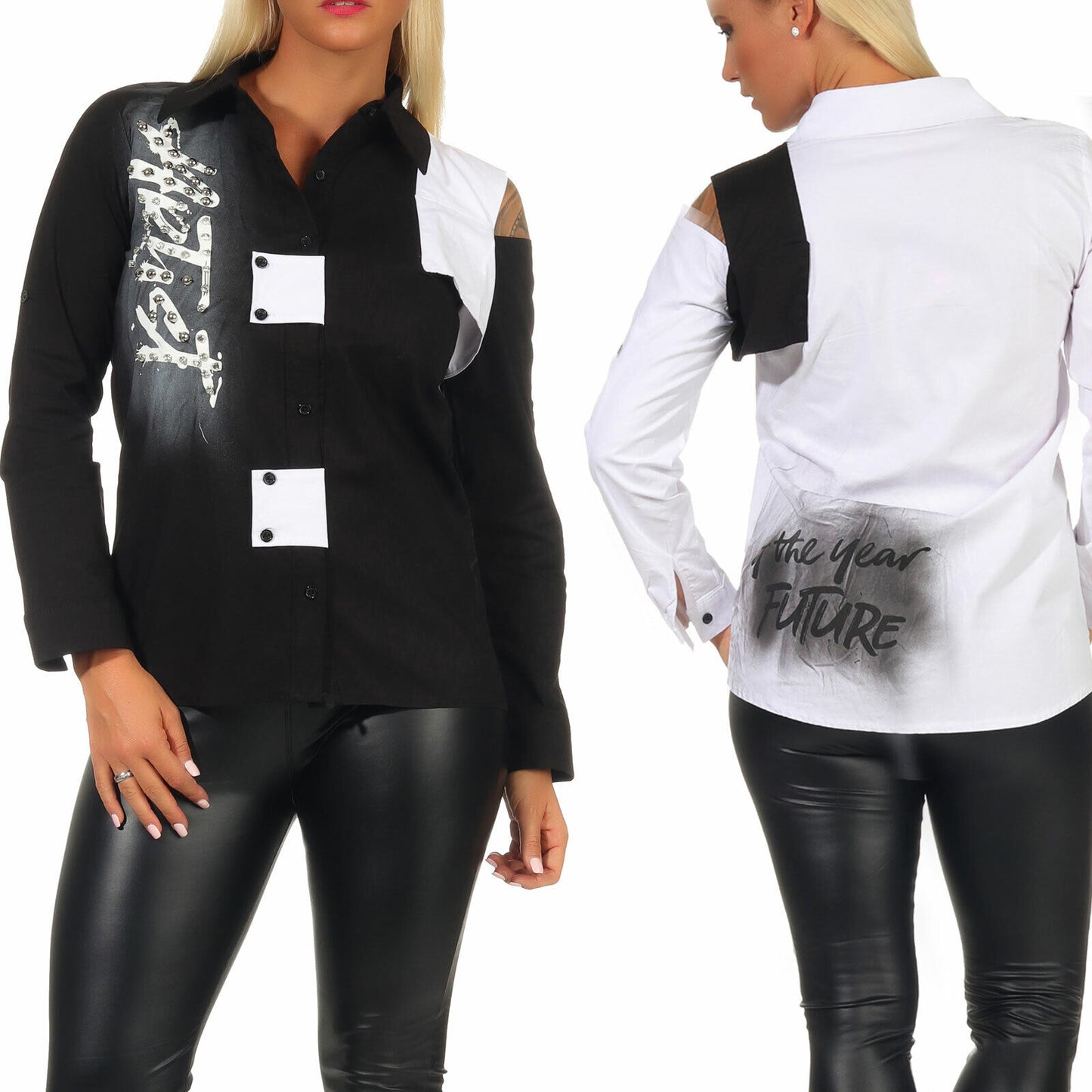 Schwarze und weiße Damen Vokuhila Hemdbluse mit Print, lange Bluse in den Größen S bis XL, modisches Design, von Clothes Stores