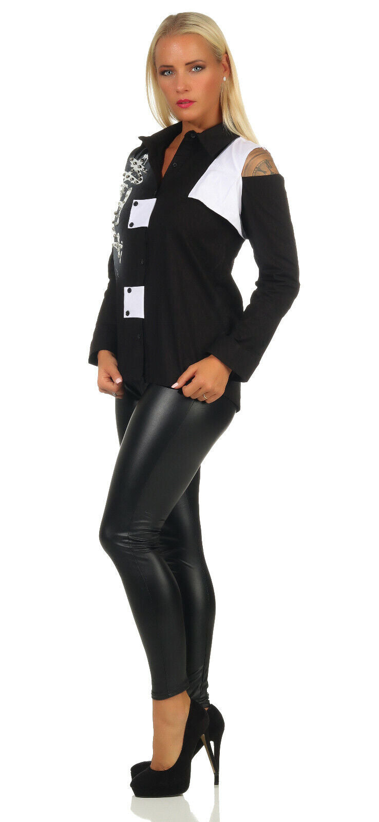 Schwarze und weiße Damen Hemdbluse mit Vokuhila-Longbluse und Print, in den Größen S bis XL, von clothes-stores.