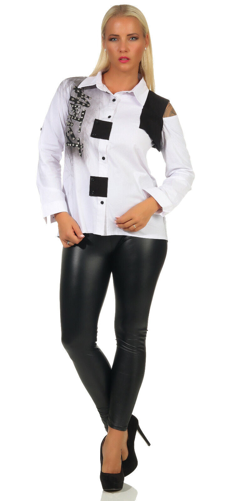 Damen Hemdbluse mit Vokuhila-Design, Schwarz-Weiß-Print, lange Longbluse in den Größen S bis XL, von clothes-stores