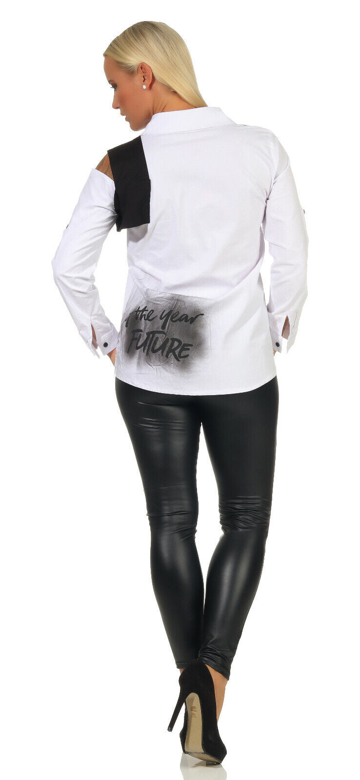 Schwarze und weiße Damen Vokuhila Hemdbluse mit Print, langärmlig, elegantes Design, in den Größen S bis XL, von clothes-stores