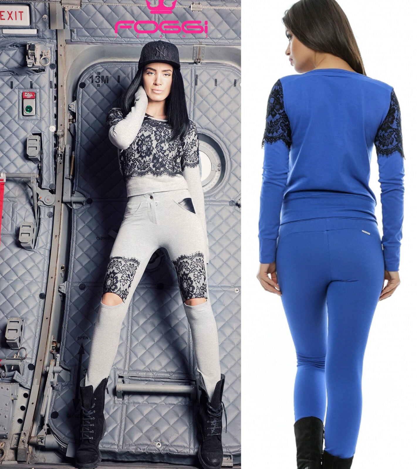 Damen 2-teiliger Hausanzug von Foggi mit blauer Spitze, Pullover und Jogginghose in Grau, XS bis M, bequemer Lounge-Look