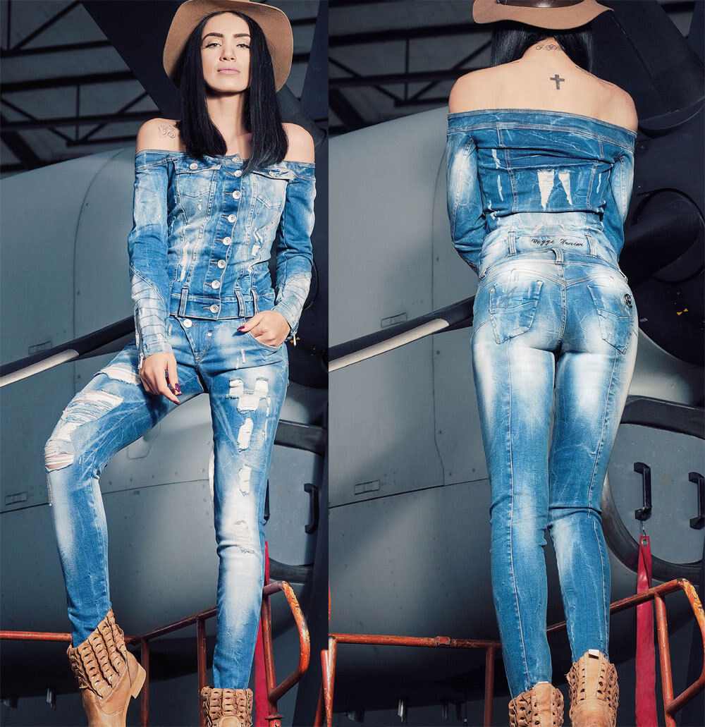Foggi Damen Jeans 2-Teiler: Schulterfreie Jeansjacke und Skinny-Hüftjeans in Blau, Größe S-M, modisch und bequem.