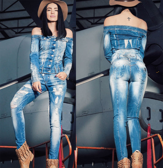 Foggi Damen Jeans 2-Teiler: Schulterfreie Jeansjacke und Skinny-Hüftjeans in Blau, Größe S-M, modisch und bequem.