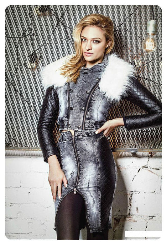 Foggi Damen Winterjacke mit Fell, Jeansjacke und Pencoilrock, bequeme Mode für kalte Tage, modisches 2-teiliger Jeans-Set