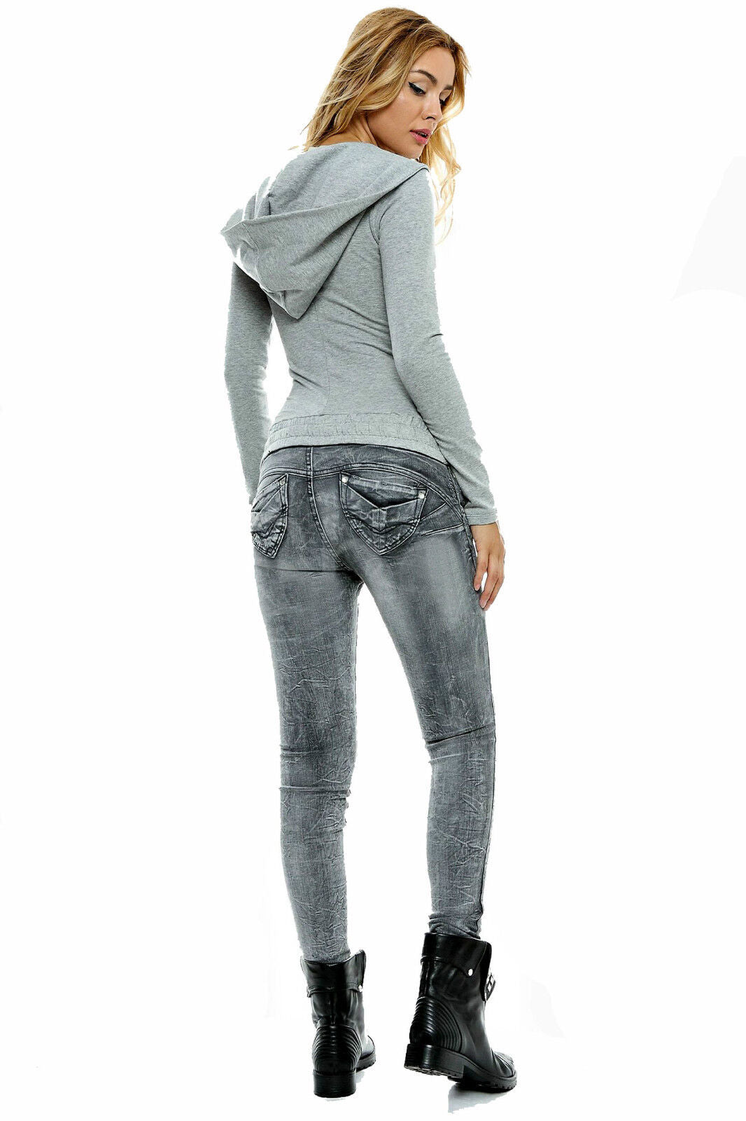 Damen Jeansoverall von Foggi in Grau, mit Röhrenjeans-Design, Hoodie und Pullover für einen lässigen Look.