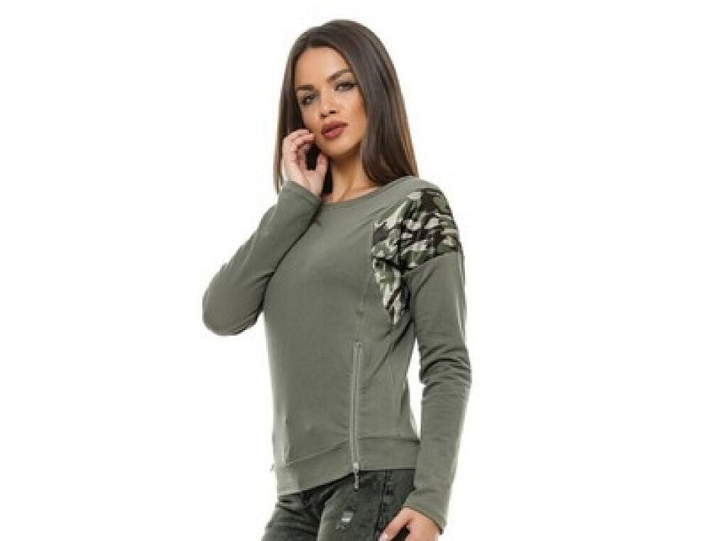 Damen Pullover von Foggi mit U-Boot Ausschnitt, Camouflage-Muster, weiche Baumwolle, Größe M, lässiger Tarn-Style
