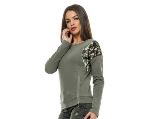 Damen Pullover von Foggi mit U-Boot Ausschnitt, Camouflage-Muster, weiche Baumwolle, Größe M, lässiger Tarn-Style
