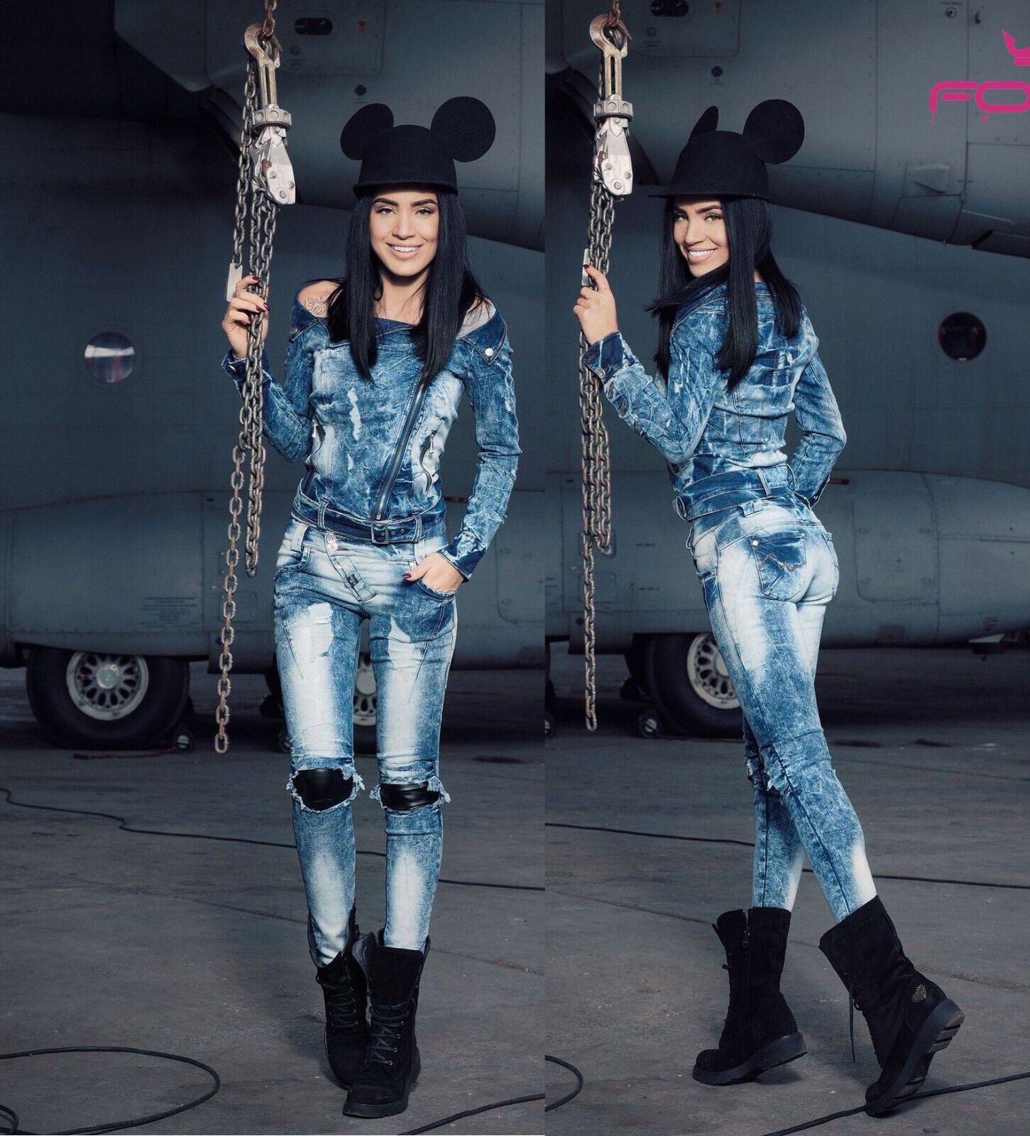 Damen-Jeans-Set von Foggi, beinhaltet schulterfreie Jeansjacke und enge Hüftjeans in Blau, Größe S, für einen modernen Look
