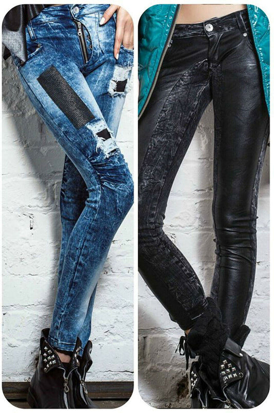 Dunkelblaue Damen Röhrenjeans von Foggi, Hüftjeans mit Push-Up-Effekt, enge Jeanshose in S, M, L, auf Bild sichtbar
