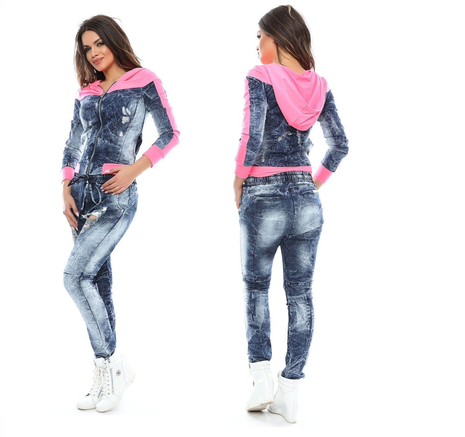 Damen 2-Teiler Jeansjacke und Hüftjeans von Foggi in Pink, Kapuzenjacke, Größe XS 34, modisches Outfit.