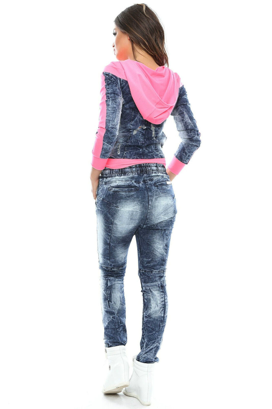 Damen 2-Teiler Jeansjacke und Hüftjeans von Foggi in Pink mit Kapuzenjacke, Größe XS, lässiger Boyfriend-Look