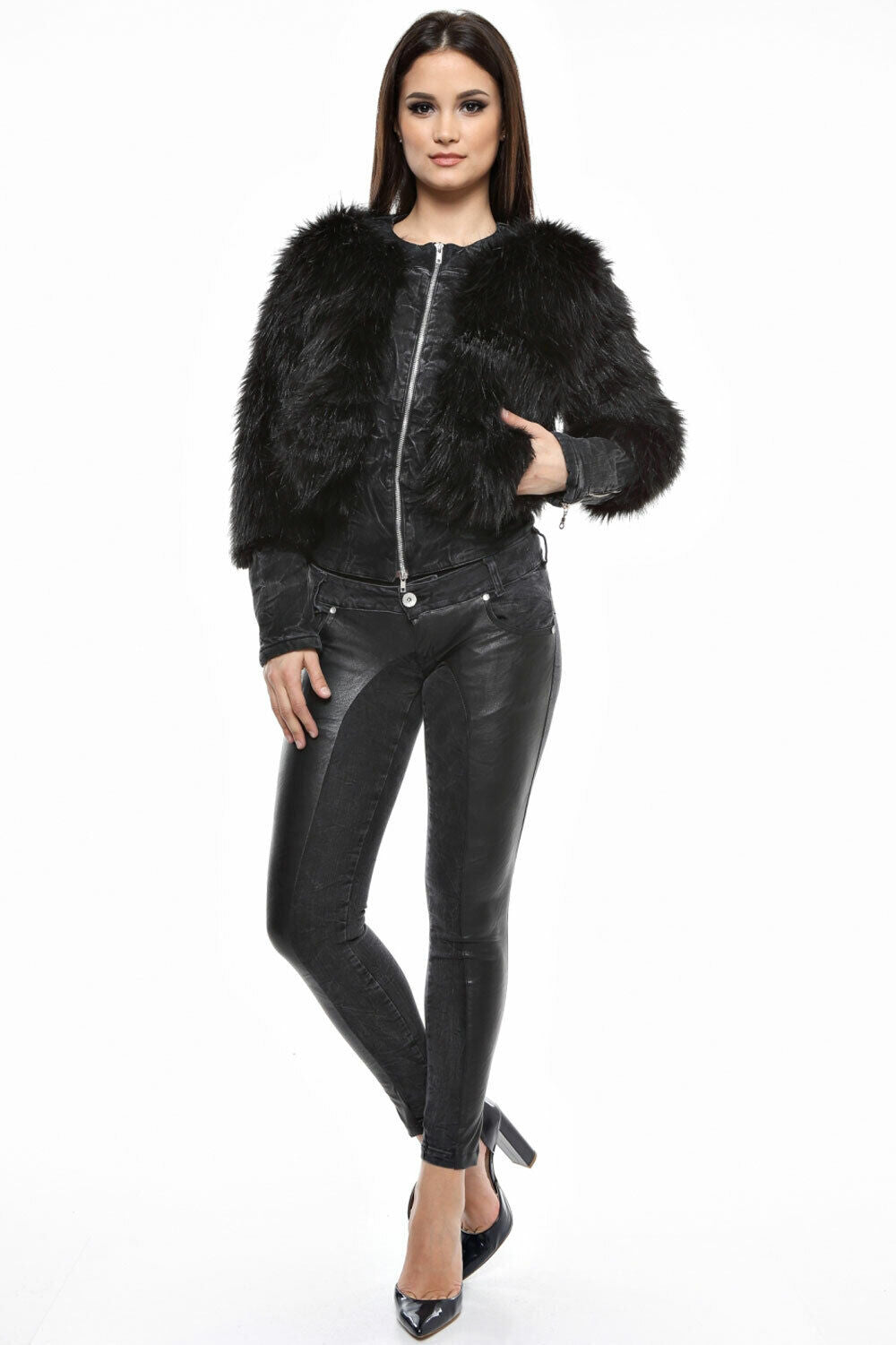 Foggi Damen Jeans Röhrenjeans mit Lederlook, Hüftjeans, enge Lederjeans, XS 34, modische Jeanshose in Lederoptik