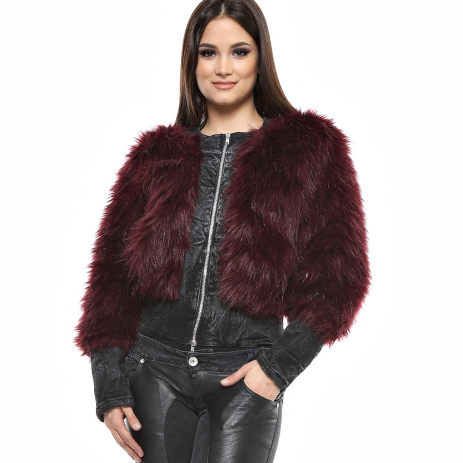 Foggi Damen Jeansjacke mit Kunstfell, kurze Winterjacke in Bordeaux, perfekt für Partys und kalte Tage.