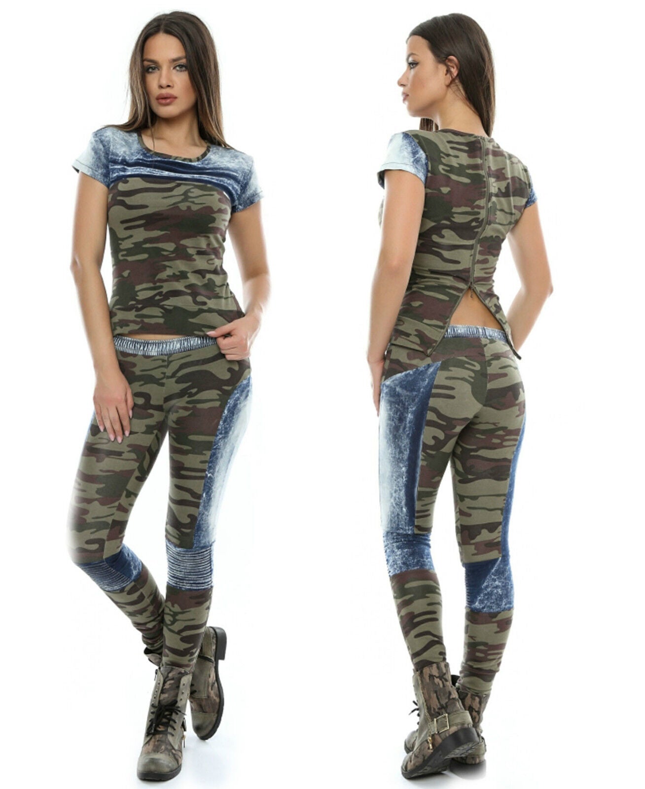 Damen 2-Teiler Set von Foggi mit Jeans-T-Shirt und Camouflage-Röhrenhose, XS, modischer casual Look, ideal für Alltag.