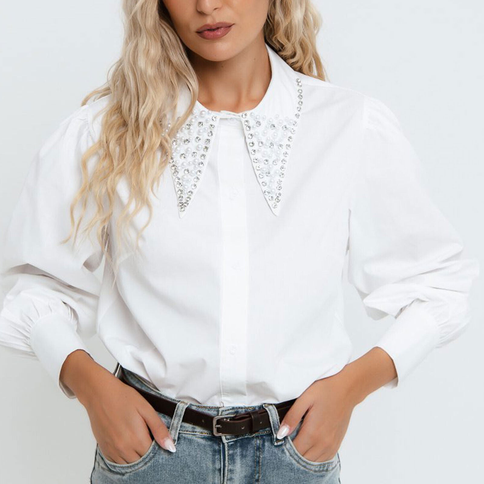 Freestyle Damen Overzize Bluse mit Hemd-Design, Langarm, Strasskragen, eleganter Businesslook, modischer Pullover.