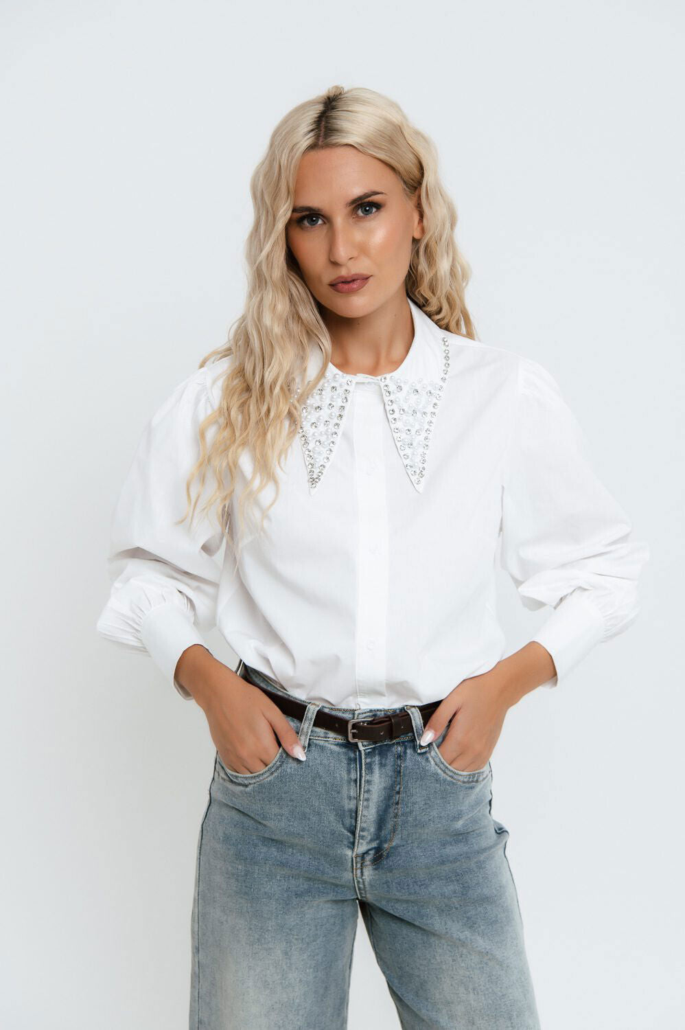 Freestyle Damen Oversize Bluse mit Hemdkragen, Langarm, Strassdetails, Businessstil, elegante und bequeme Damenpullover-Hemd
