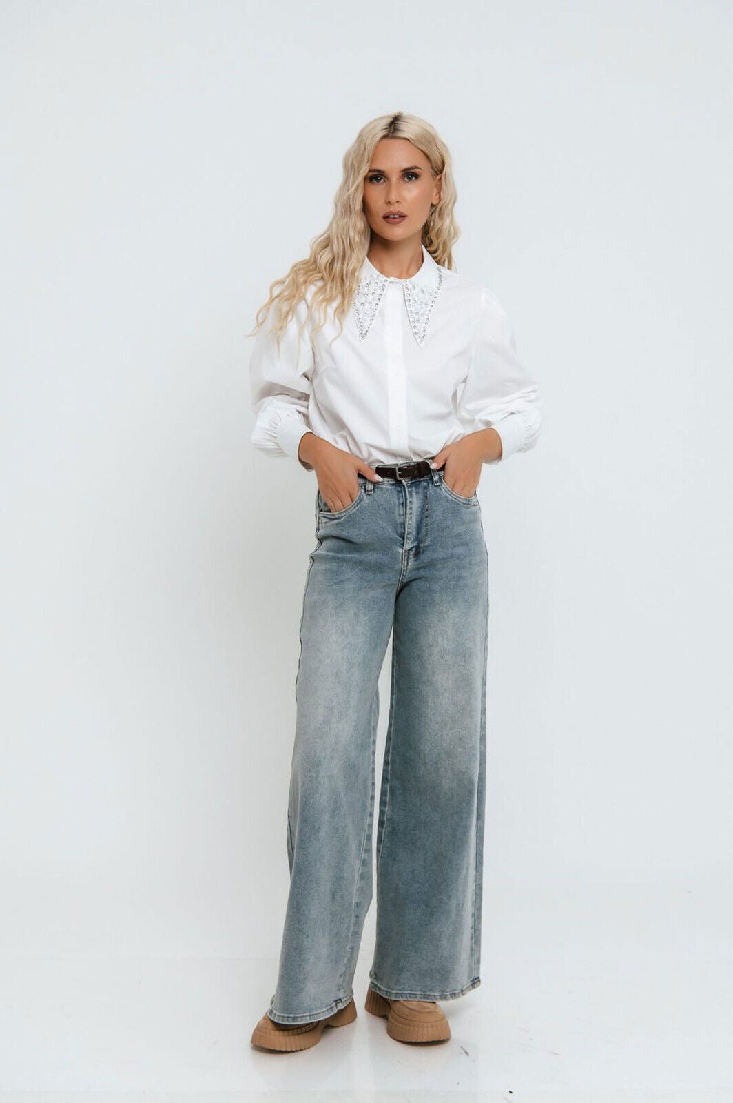Freestyle Damen Bluse mit Overzize Pullover, langärmlig, Hemdkragen, Strassdetails, elegante Businessbluse, modischer Stil