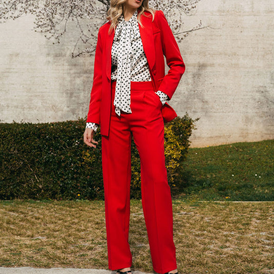 Damen 2-teiliger Freestyle Blazer und weite Stoffhose in Rot, mit langem Schnitt und lockerem Sitz, M-Größe.