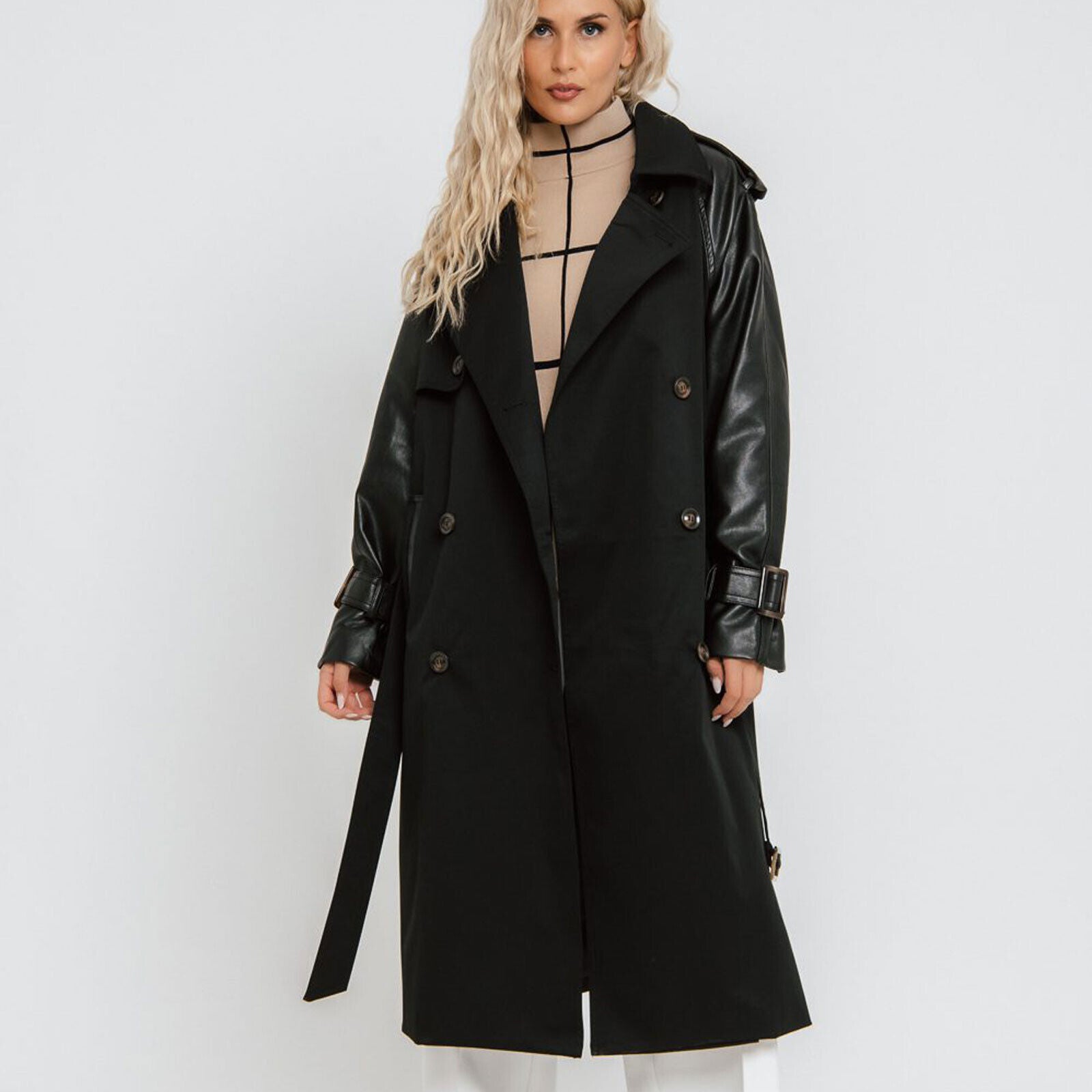 Damen Trenchcoat von freestyle, oversize Lederlook Jacke in Schwarz, Mantel für Damen, Größe M-L, stilvoll und modern.
