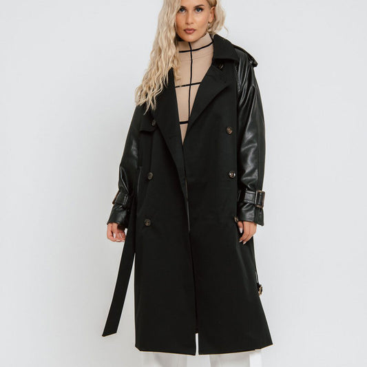 Damen Trenchcoat von freestyle, oversize Lederlook Jacke in Schwarz, Mantel für Damen, Größe M-L, stilvoll und modern.